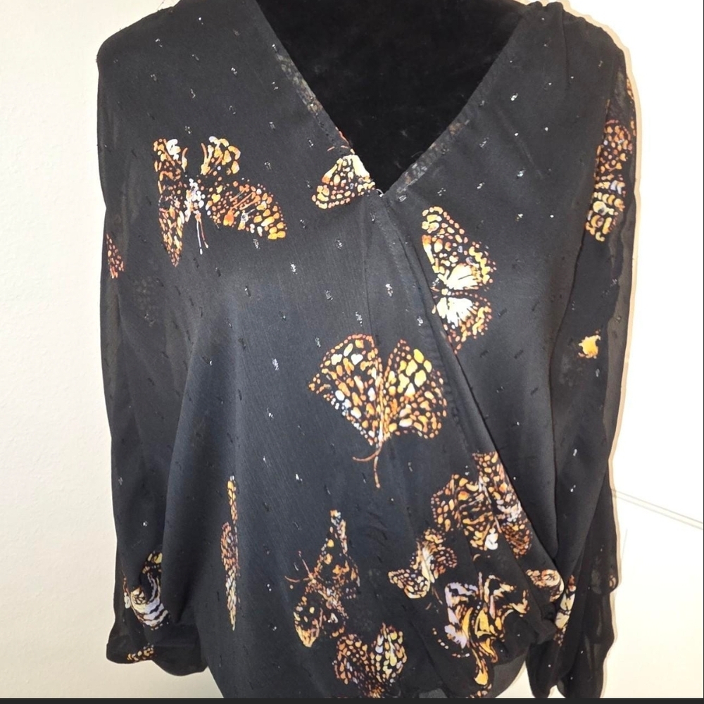 lovestitch Black Butterfly Print Wrap Blouse